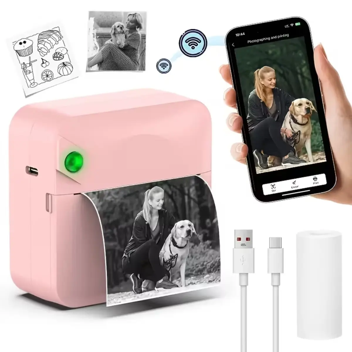 Kenro KNR-E-1060-PNK Mini Pocket Thermal Printer Inkless Bluetooth Sticker Printer with Paper Roll for Photos, Notes, Labels & Journals - Pink