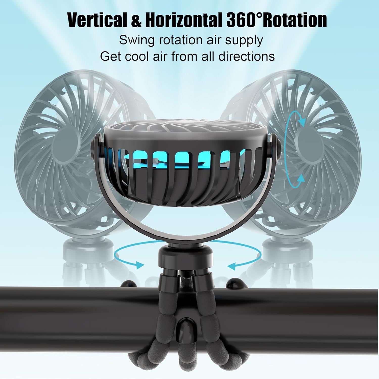 USB Rechargeable 360° Rotating Octopus Fan - Flexible Tripod, USB Rechargeable, Multi-Speed Cooling with Night Light