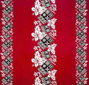 Hibiscus Tropical Leaves w/ Patches of Traditional Tapa Double Border Polyester Fabric | Islands Fabric