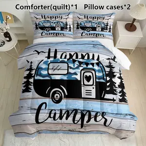 Happy Camper RV Bedding Set, Includes 1 Comforter & 2 Pillowcases, Perfect for Rustic Cabin Decor, Synthetic Fiber Material