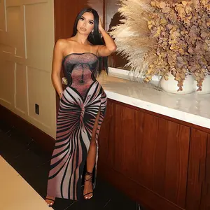 European Women's Clothing 2025 Spring And Summer New Fashionable Sexy Strapless Back 3D Printed Slim Long Skirt Dress Brown Casual