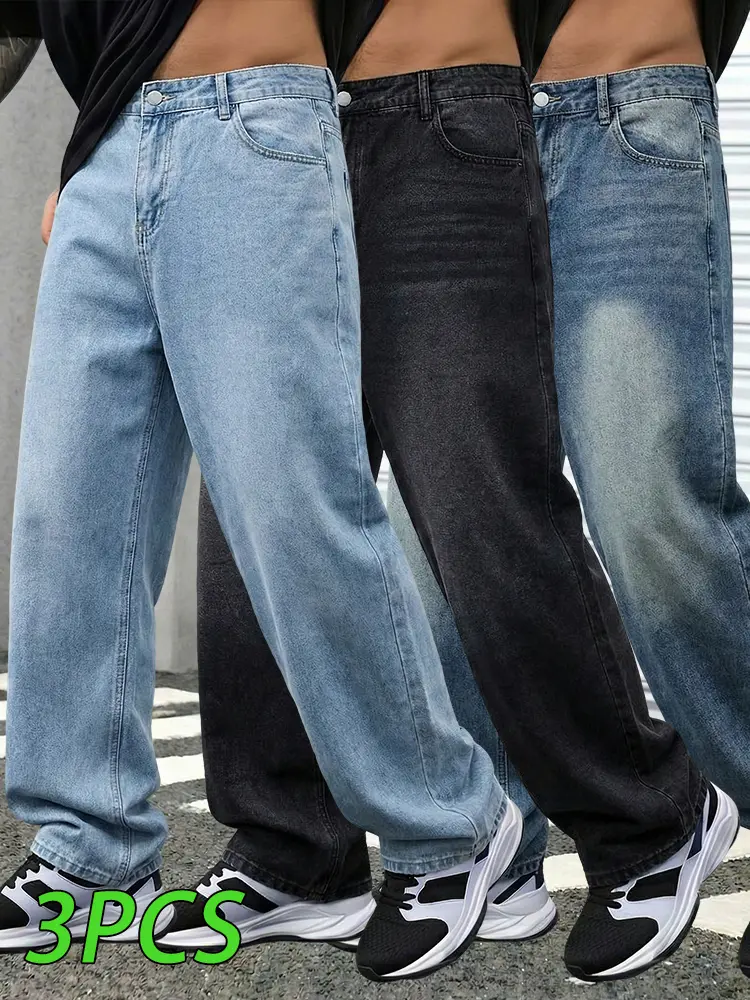 Men's Denim Pants - Menswear Straight Leg Jeans, Relaxed Loose Fit, Black Washed Finish, Wear-Resistant Non-Stretch Fabric, Available in 1/2/3 Packs, Ideal for Everyday Casual Wear