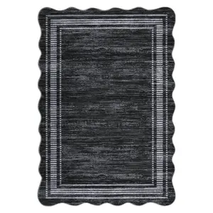 5 x 7 ft Polyester Black Rectangular Machine Washable Geometric Bordered Living Room Bedroom Dining Room Machine Washable Area Rug-A