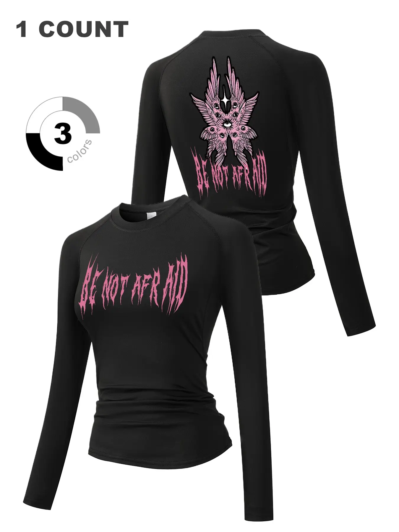 Women's Angel Print Tight Long Sleeve Sporty Top, Round Neck Quick-Dry Breathable Stretch Workout Shirt, Yoga Running Fitness Training Gear, Breathable Workout Tops