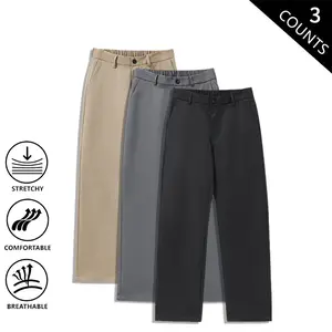 Men’s 3-Pack Breathable Stretch Dress Pants, Straight Cut Loose Fit with Drapey Fabric — Summer Business Commute Casual Versatile Trousers