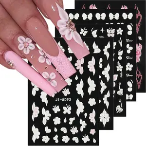 5D Embossed White Flowers Nail Stickers, 5 Sheets Self-Adhesive Flowers Nail Decals, Spring Floral Nail Art, Rose Butterfly Stickers for Nail Art, 3D Acrylic Flowers for Nails, Manicure Decor
