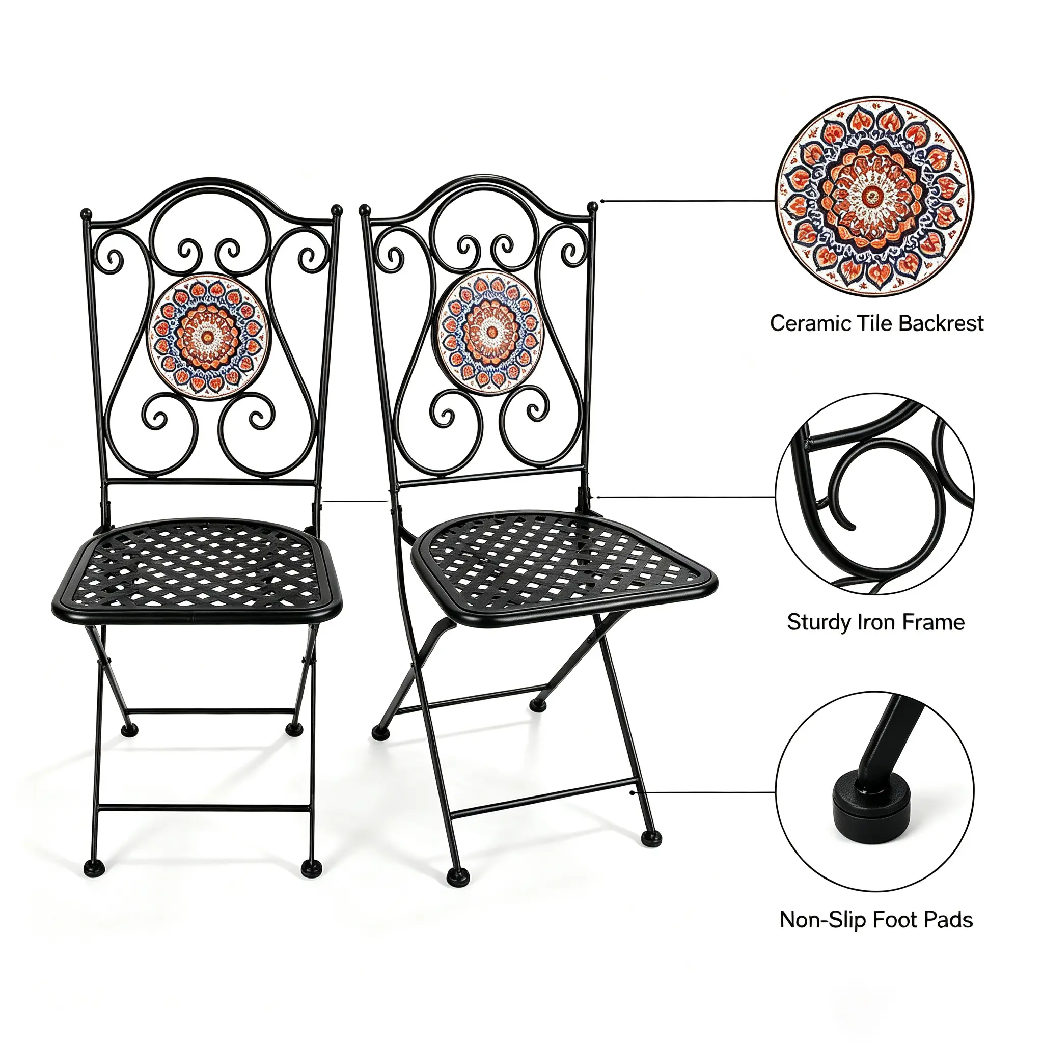 Set of 2 Foldable Metal Patio Chairs, Vintage Ceramic Tile Backrest Bistro Chairs, Weather Resistant Outdoor Folding Dining Chairs for Garden Backyard Porch Balcony