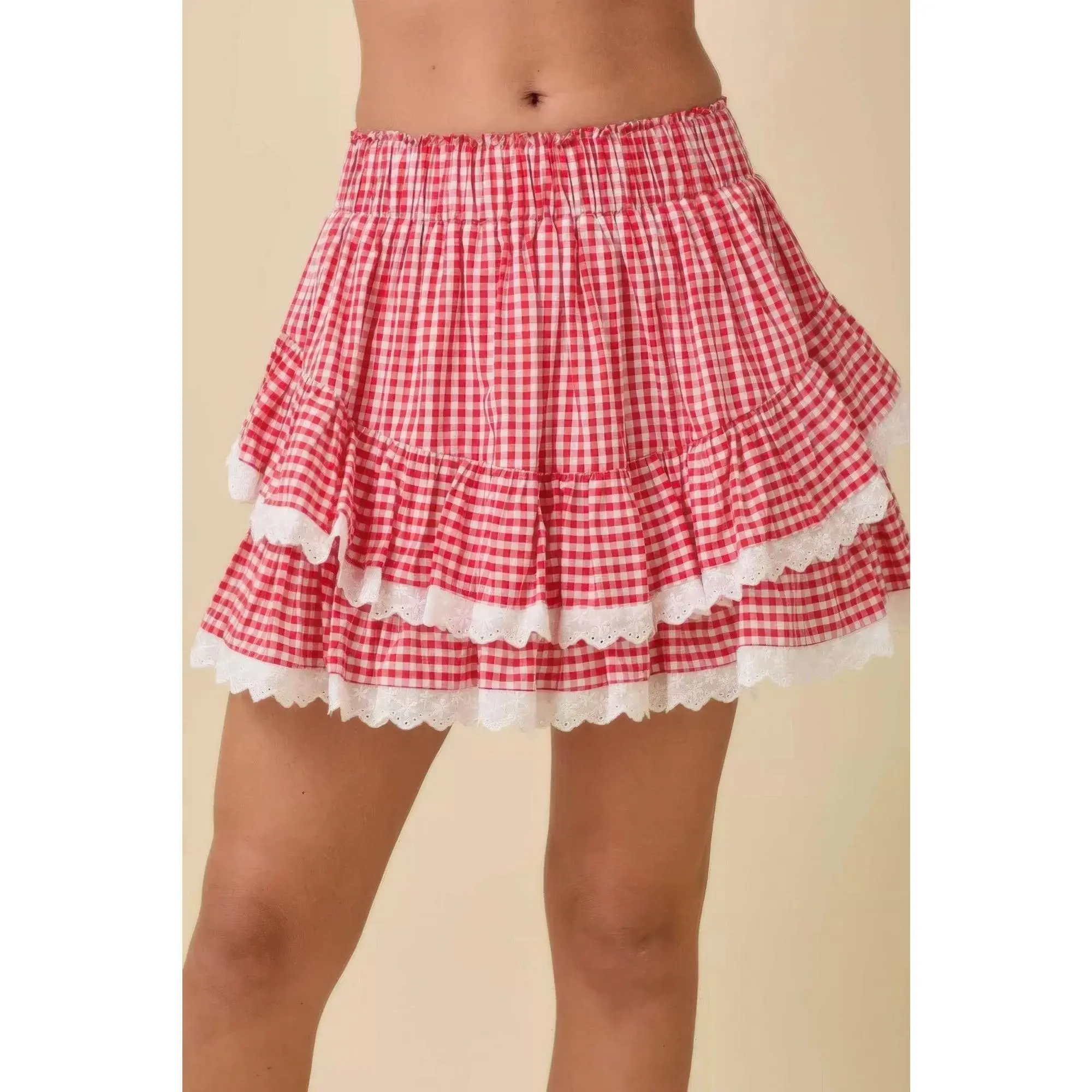 Women's Gingham Short Skirt with Eyelet Ruffle