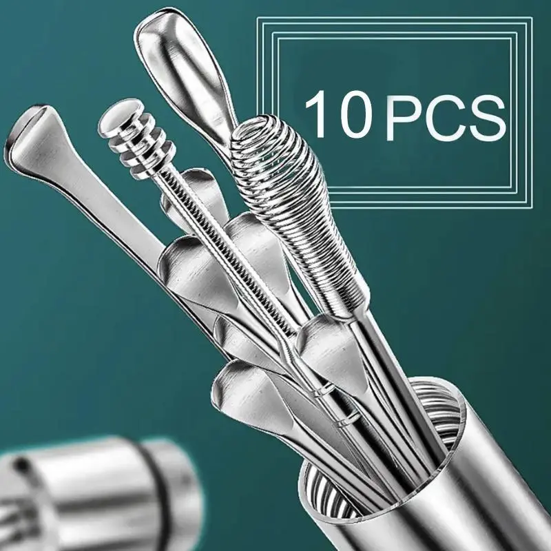10-Piece Ear Cleaning Tool Set, Stainless Steel Rotating Spoon, Daily Care Cleaning Utensils, Home Use-YY