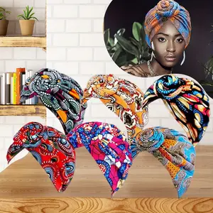 [6pcs African Headscarves Set] 6pcs Set of Women's African Headscarves with Pre-Tied Floral Knots | Fashionable Polyester Fiber Hat, No Edge Design | Suitable for Sports, Beach, Leisure & Formal Activities