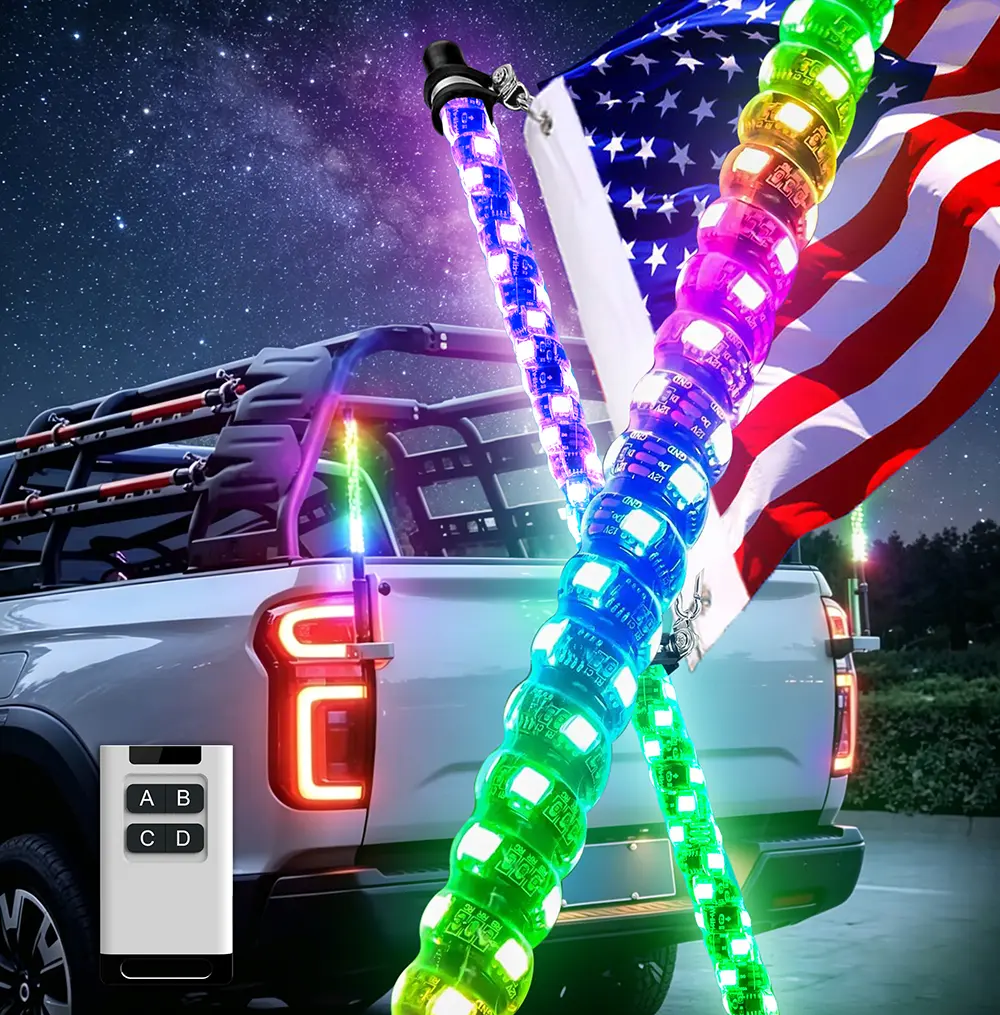LED Spiral RGB 3FT /2FT Whip Lights 2pcs with Remote Control  12V Chasing Lighted UTV Accessories Truck Can-Am Polaris Jeep Canam Offroad Glowing Antenna Whips  Buggy Sanddunes  RGB Car Ambient Lighting  Car LED Light Rgb Colorful Led Super Bright Led