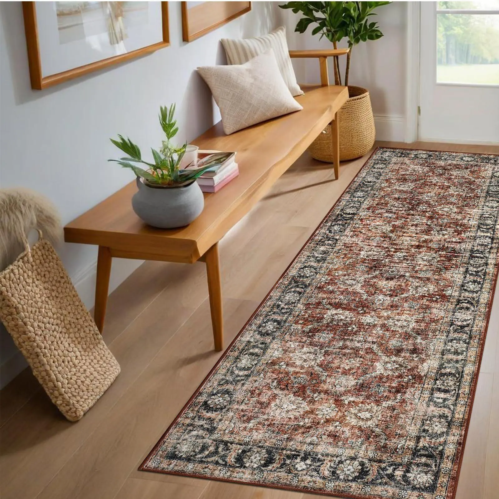 Oriental Vintage Rug - 2x6 ft Red Washable Rug with Non-Slip Rubber Backing, Soft Non-Shedding Retro Carpet for Living Room, Bedroom