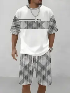 Men's 2 Piece Set T-Shirt & Shorts, Casual Streetwear, Striped Print, Lightweight Breathable, Perfect for Daily Wear & Summer Beach Vacations
