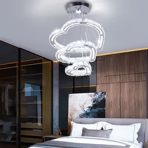 3 Hearts Rings K9 Crystal LED Chandelier Height Adjustable Cool White Pendant Light for Living Dining Room Bedroom QH-MP014
