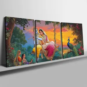Indian Mythology Krishna & Radha Canvas Art Set, Framed Wall Decor for Living Room Bedroom Religious Spaces, Traditional Indian Art