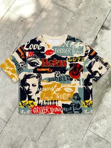 Men's Retro Pop Art Collage Print T-Shirt, Streetwear Oversized Crew Neck Top, "Relax" "Forever Young" & Vintage Pin-Up Graphics, 90s Aesthetic Casual Tee for Men's Daily Outfits