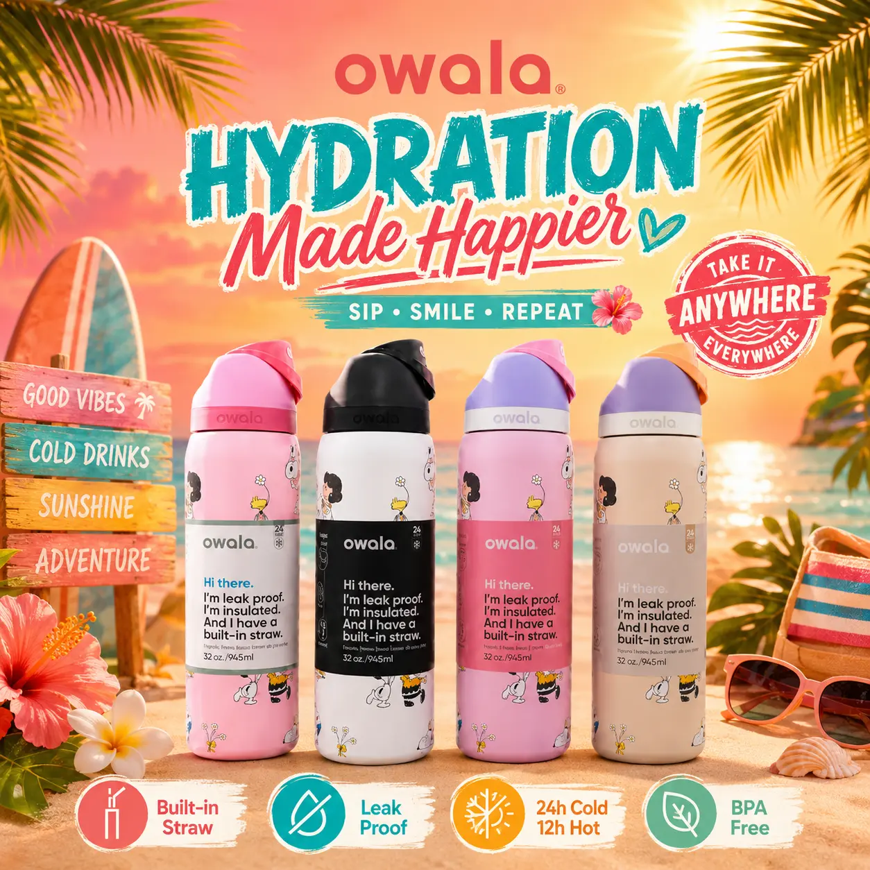[New Product - Limited Deals] 2026 4 Collections Animal and Friend FreeSip 32oz Water Bottle, Leakproof Built-in Straw, BPA Free Stainless Steel Cup, 24H Cold 12H Hot Travel Gym Bottle#Owala
