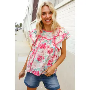 Southern Nights Pink Contrast Binding Floral Flutter Sleeve Top Woven Polyester Ruffle Sleeves Floral Print True to Size Los Angeles Designed