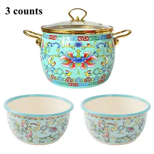 Enamel Pot with Lid & Bowl Set, 3 Counts/set Including 1 Count Pot with Handle & 2 Counts Bowl, Kitchen Cookware Set for Home Use