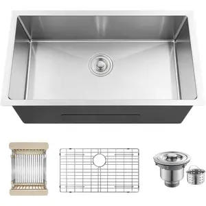 32 Inch Undermount Kitchen Sink, 32x19x8" Single Bowl Stainless Steel Handmade 16 Gauge Under Counter Kitchen Sink Basin