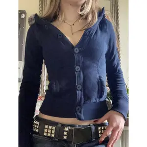 Street Style Slim-Fit Hooded Jacket, Fall & Winter Y2K Aesthetic Coat with Pockets, Moderate Fabric Single-Breasted Design