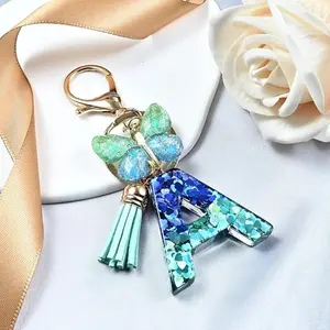 Perfect Women's Fashion Accessory - Alphabet Keychain with Sparkling Sequins & Tassel - Chic Gradient Blue-Green - Resin Letter Charm - For Bags, Backpacks & Car Keys - Letter Theme