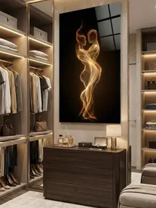 Flame Couple Glass Wall Art Print,Abstract Romantic Silhouette,Golden Fire Dance on Black,Tempered Glass Wall Decor, Modern Luxury Statement