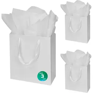 3 Pack Large White  Bags 10x4.5x11 inch with Tissue Paper,  Big  Bags for Clothing, Shoes, , Birthday, Christmas, Wedding Favors