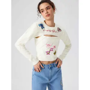Cider [size 0-10] Wool-blend Round Neckline Floral Butterfly Knitted Crop Long Sleeve Top