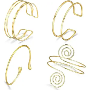 Golden Arm Cuffs for Women Minimalist Upper Arm Bracelet Band Bangle Armlet Adjustable Stackable Coil Armband Sets