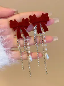 2pcs Red Plush Bowknot Earrings With Imitation Faux Pearl Long Tassel Drop & Luxurious Rhinestone Star & Chain Decor, Suitable For Women's Daily Wear, Festival, Christmas, Spring Festival, New Year Gift