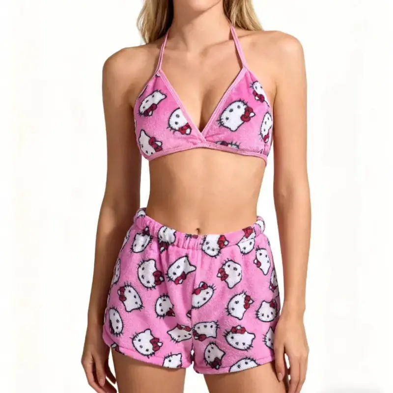 Sanrio Hellokitty Women 2-Piece Fuzzy Plush Fabric Pajamas Set - Bikini-Style Top & Bottom for Home Sleep Loungewear Nightwear