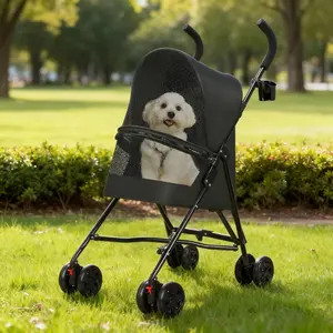 Dogs/Cats also feel tired after walking and running! Pet stroller/with mesh/ventilated, lightweight and foldable, easy to clean/with cup holder, black, minimalist style.