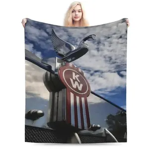 1pc Kenworth Style Flannel Blanket - All-Season Universal, Essential for Camping and Travel, Red and White Striped Semi-Truck Design, Durable and Comfortable Holiday Gift, Bold Pattern