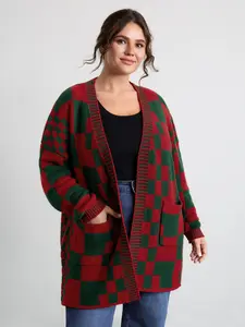 BLOOMCHIC Holiday Checkered Open-Front Knit Cardigan Fit Knitwear Sleeve Womenswear Pocket Tops Knitting Tunic Fitted Winter Casual Brightred