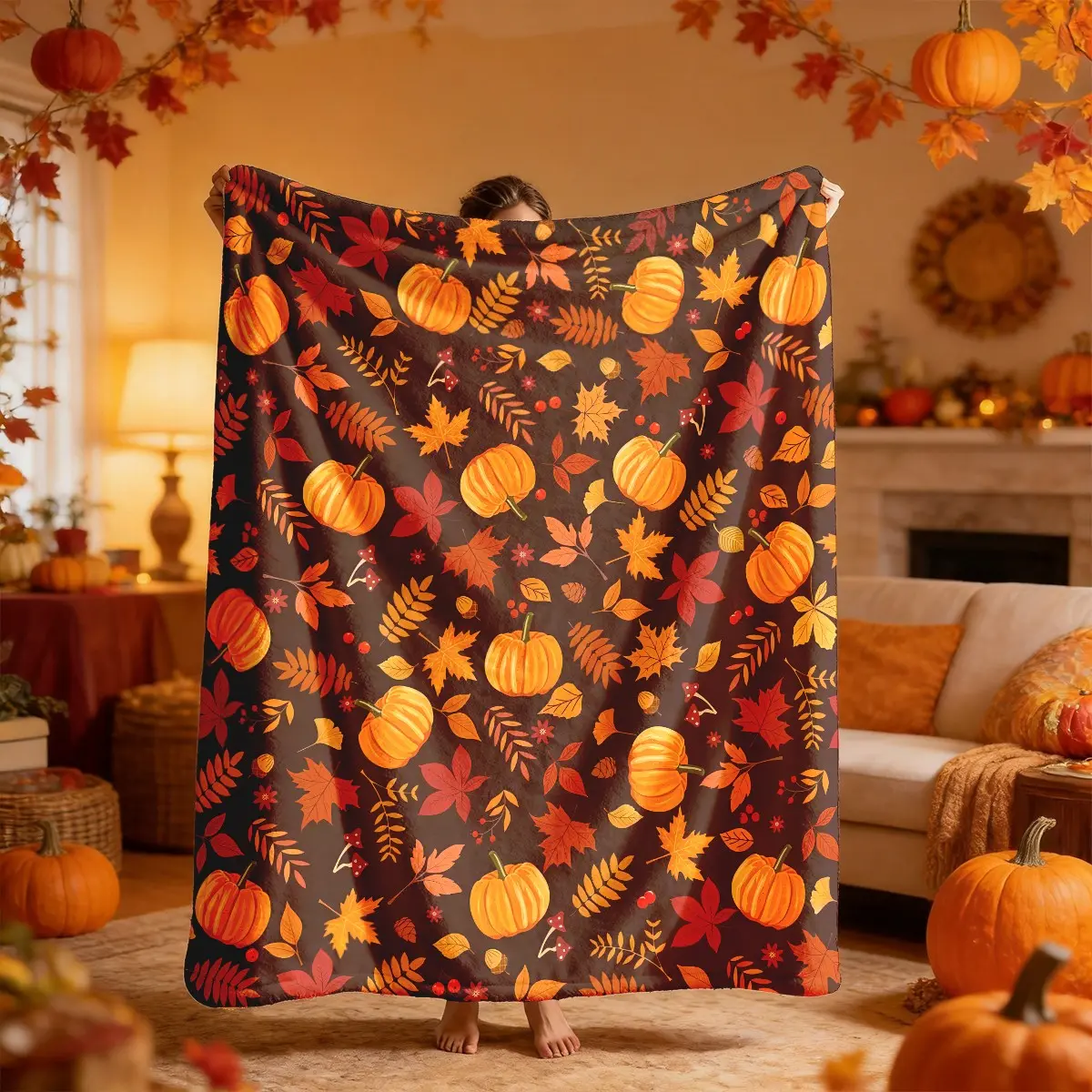 Autumn Pumpkin Maple Leaf Throw Blanket, Fall Blankets, Soft and Lightweight, All Seasons, Ideal for Bed, Sofa, Office, Camping, Travel, Soft Throw