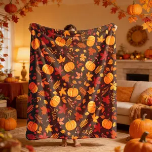 Autumn Pumpkin Maple Leaf Flannel Throw Blanket, Large Size, Soft and Lightweight, Perfect for All Seasons, Ideal for Bed, Sofa, Office, Camping, Travel