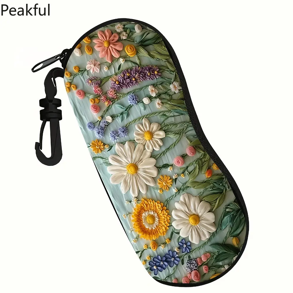 Trendy Daisy Art Glasses Case | Unisex PU Leather Sunglasses Pouch | Zipper Closure for Secure Eyewear Storage | Perfect for Travel, Outdoor & Daily Use
