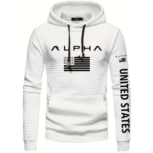 ALPHA Men's Patriotic American Flag & Lettering Print Hoodie - Sexy Slim Fit Waffle Knit Texture, Machine Washable Casual Pullover for Spring/Fall, Spring Fall Apparel perfect summer sport