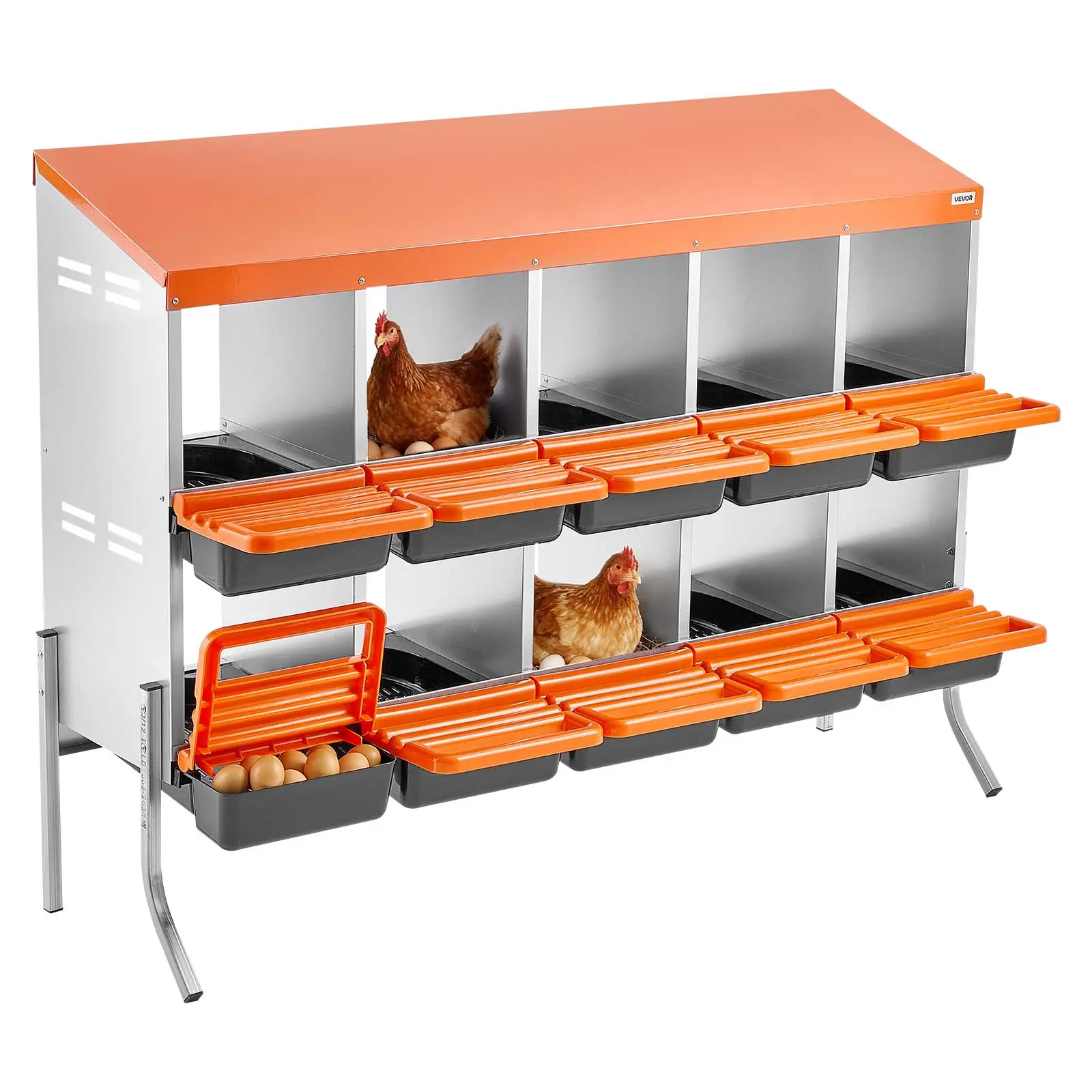 VEVOR Sturdy Chicken Roll Away Nesting Boxes, 10 Compartments (10.4 in), Galvanized Steel & High-Strength Plastic, Support Legs, Easy Egg Collection & Cleaning, Reduces Pecking, Higher Yield, Orange, Bird Supplies for Chickens/Hens