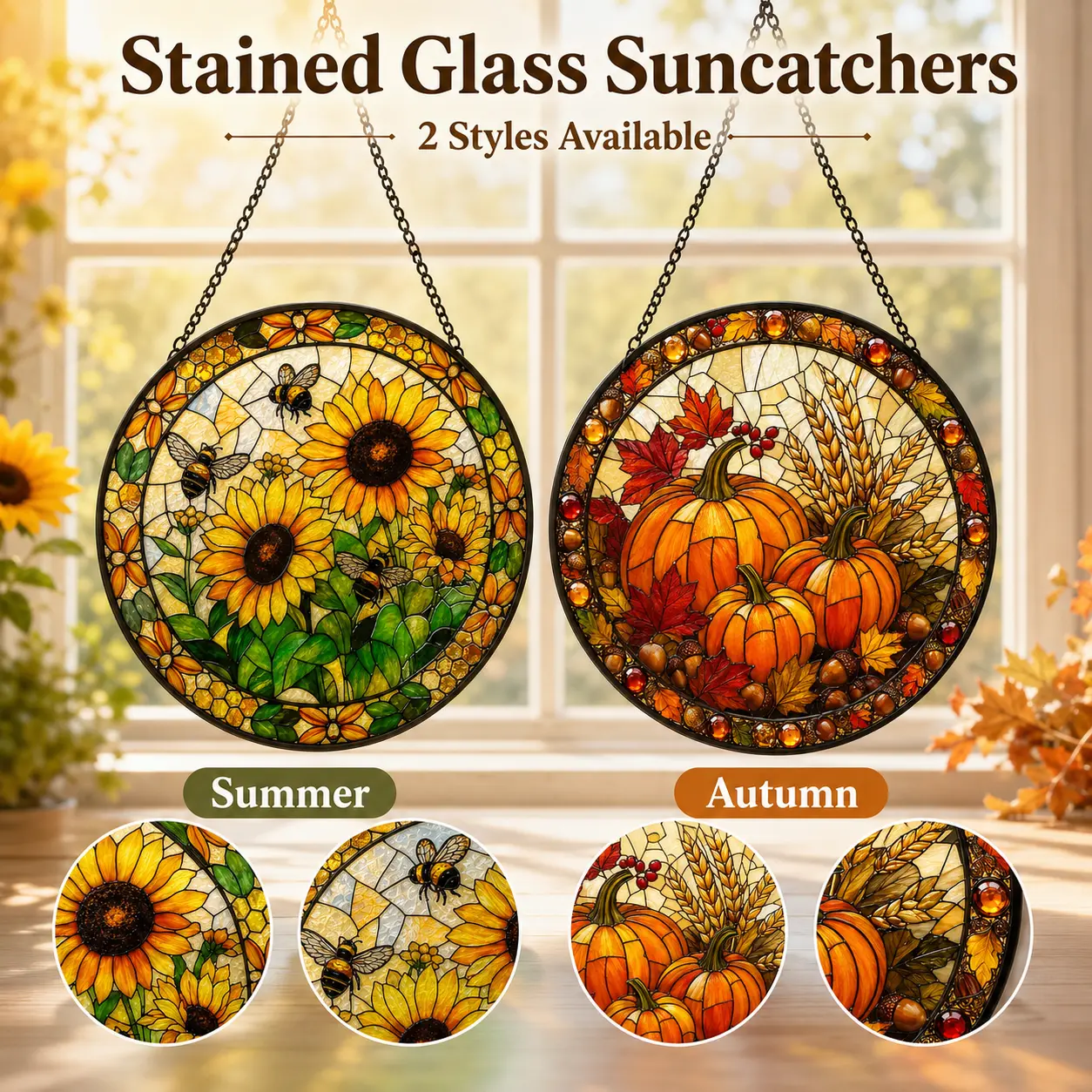 Colorful Frame Hangable Stained Glass Window Hanging Suncatcher, 7.87in Round Ornaments with Hook & Metal Chain, Sunflower/Pumpkin Styles for Home Decoration, Gifts, 20 Cm X 20 Cm