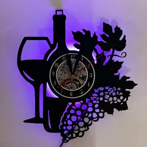 Winery LED Vinyl Wall Clock with Wine Glasses & Grape Bunches, Silent Light Modes, Home Farmhouse Bar Kitchen Décor, Great Gift, Home Decor