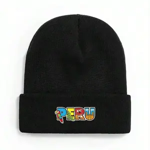 S&T Abulun Peru-Themed Unisex Winter Beanie Hat - Acrylic With Cuffed Pom Pom, Lightweight Warm Stretchy Fit, Creative Alphabet & Andean Symbols Print, 6 Color Options For Men & Women, Comfortable Headwear, Soft Texture