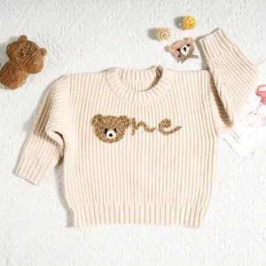 Baby 1st Birthday Sweaters, Long Sleeve Round Neck Letter Heart Embroidery Tops Toddler Knit Pullover First Birthday Outfit Girl One Sweater Baby Girl