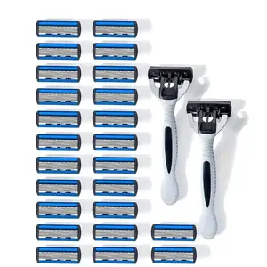 Men's Manual Razor Set, 2 Handle Holders + 24 Blades, Safe 6-Layer Stainless Steel Shaving Blade, Replaceable Head, Shaving Tools
