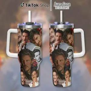 Pedro Pascal Tumbler 40oz – Pedro Pascal Coffee Cup, Celebrity Crush Gift, Gift For Fan, 40oz Tumbler With Handle