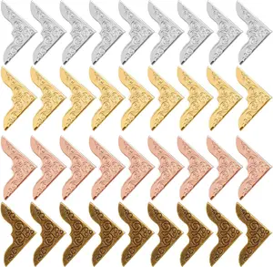 Bewudy 80 Pcs Metal Book Corner Protector, 4 Colors Vintage Iron Book Corner Protector for Scrapbook Photo Album, Triangle Carved Notebook Folder Corner Decorative Frame Angle (Style E)