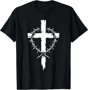Casual Cotton shortsleeve tees Christian Cross Punk Art Style Crown of Thorns Jesus Christ T-Shirt