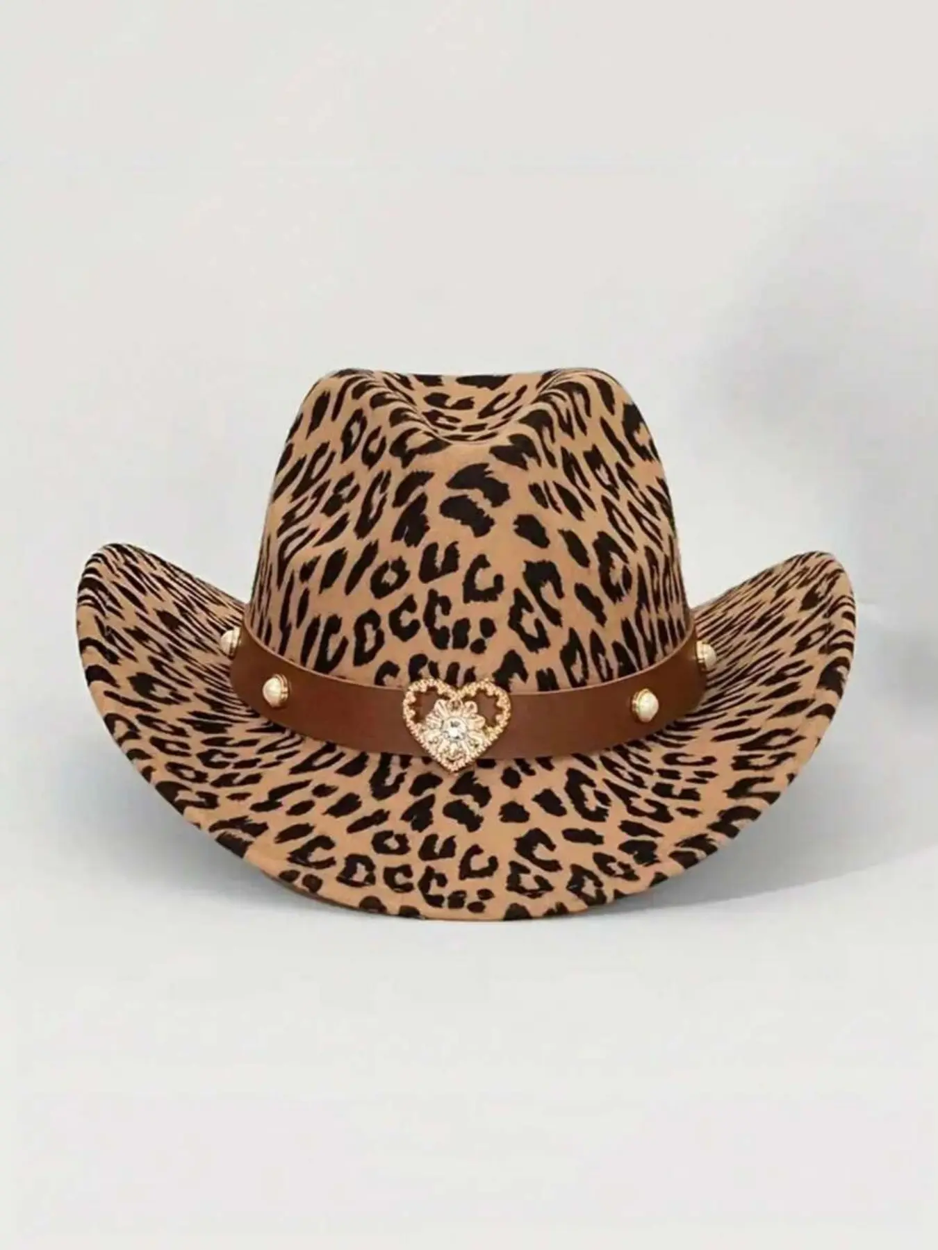 1pc Leopard Print Western Cowboy Style Hat, Made Of Felt Material With Detachable Heart-Shaped Decor Band, Printed Design, Suitable For Daily Wear And Halloween-Christmas Occasions