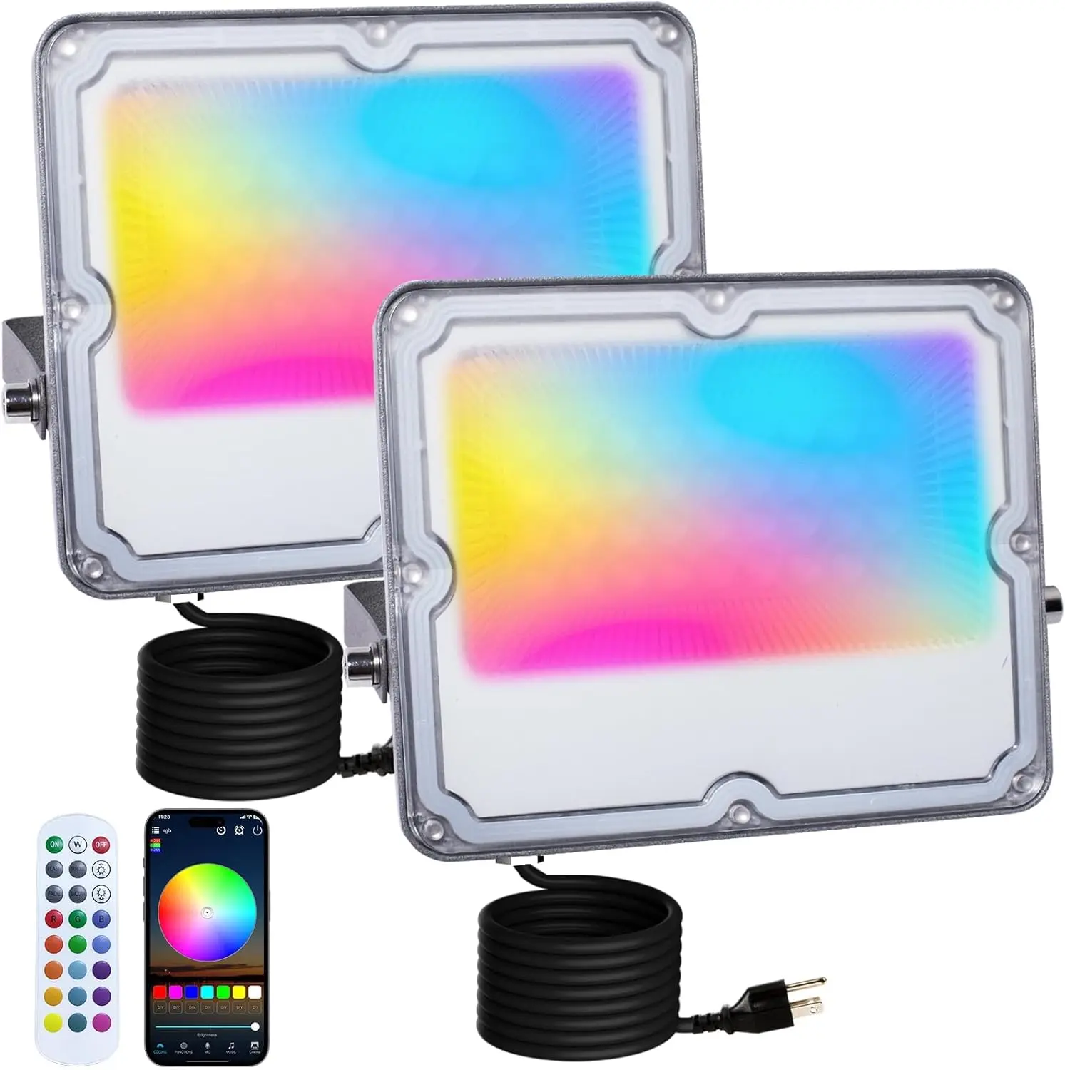 RGB LED Flood Lights Outdoor,Color Changing,30W (300W Equivalent),3000LM, Works with Bluetooth App or 2.4G Remote Control,IP66 Waterproof,16 Million Colors, Timing, Music Sync,5000K,2-Pack